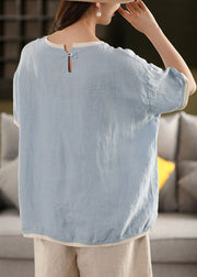 Watermelon Red Button Solid Patchwork Linen Summer T Shirt O Neck