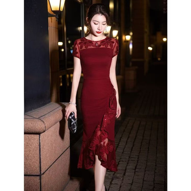 Italian Black Embroidered Tulle Patchwork Fishtail Skirt Dress Half Sleeve