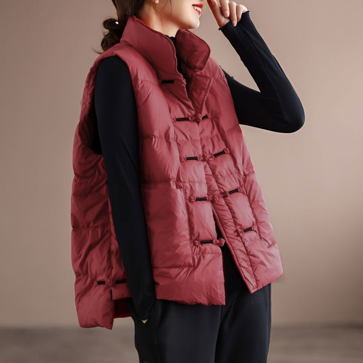 DIY Red Stand Collar Pockets Oriental Winter Puffer Vest