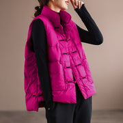 DIY Red Stand Collar Pockets Oriental Winter Puffer Vest