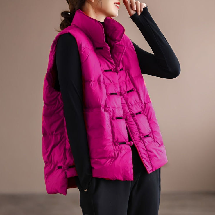 DIY Red Stand Collar Pockets Oriental Winter Puffer Vest