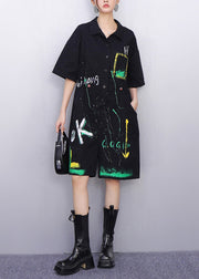 Whimsical Black Pockets Drawstring Cotton Jumpsuit Summer