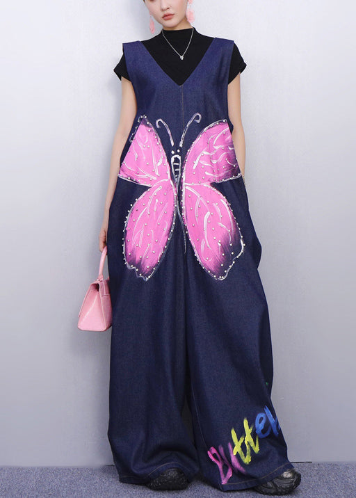 Whimsical Blue Butterfly Printed Denim Jumpsuit Sleeveless