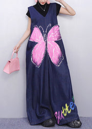 Whimsical Blue Butterfly Printed Denim Jumpsuit Sleeveless