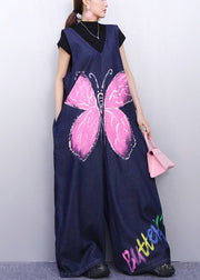 Whimsical Blue Butterfly Printed Denim Jumpsuit Sleeveless