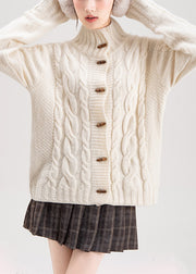 White Button Cozy Knit Winter Coats Stand Collar