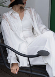 White Button Lace Cotton Fall Shirt Peter Pan Collar