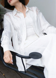 White Button Lace Cotton Fall Shirt Peter Pan Collar