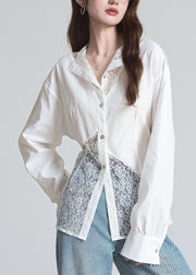 White Button Lace Patchwork Cotton Shirts Lace Up