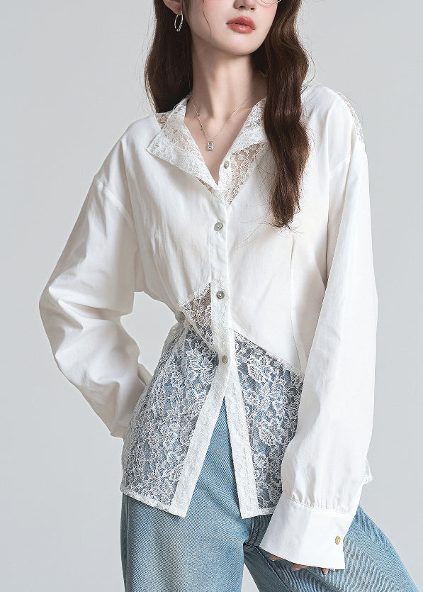 White Button Lace Patchwork Cotton Shirts Lace Up
