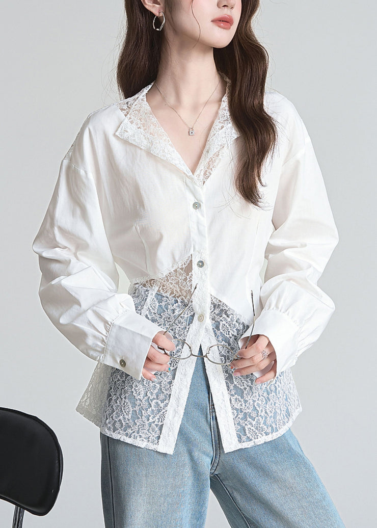 White Button Lace Patchwork Cotton Shirts Lace Up