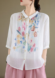 White Button Linen Shirt Peter Pan Collar Summer