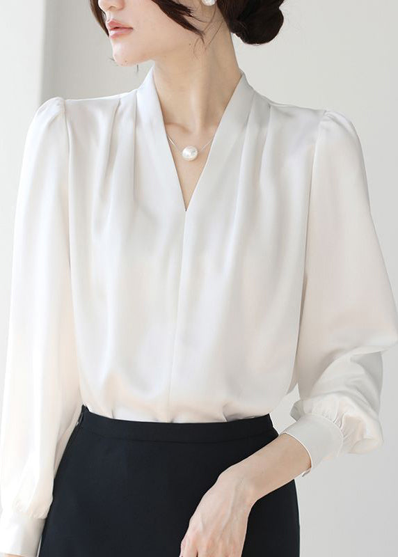 White Button Original Design Silk Fall Shirt V Neck