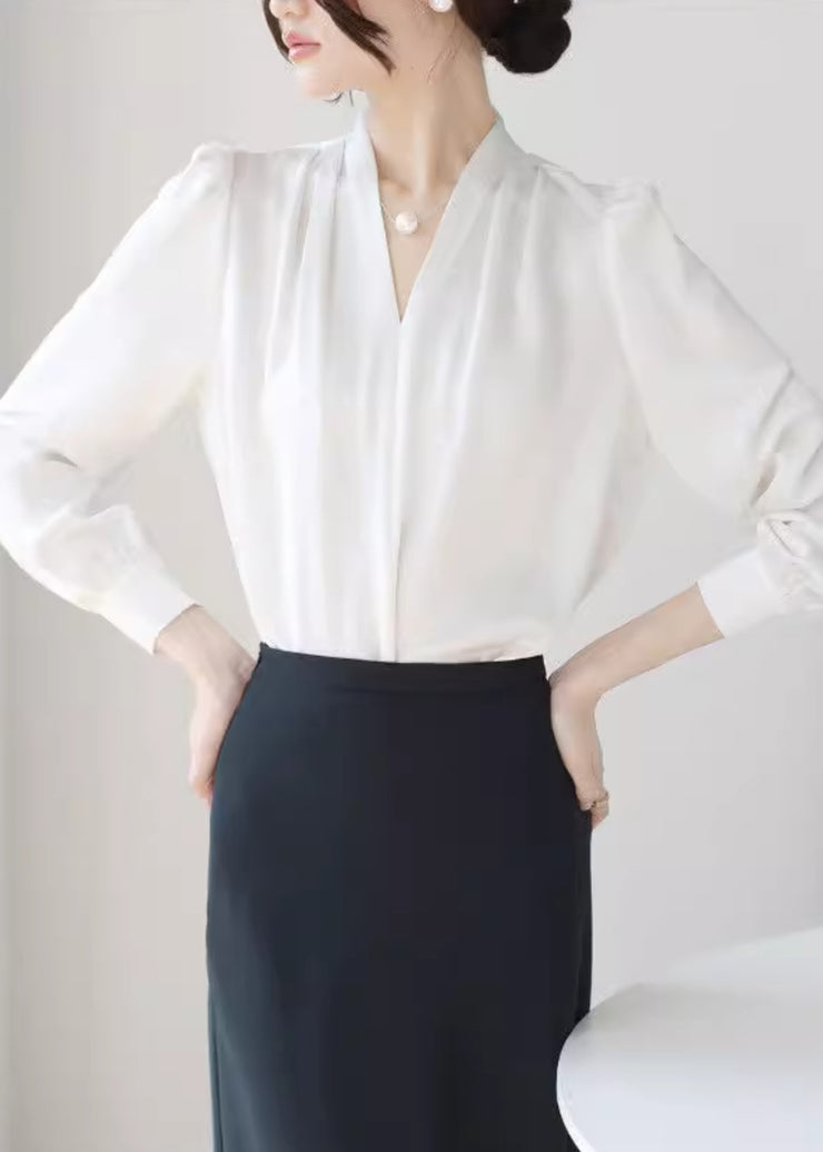 White Button Original Design Silk Fall Shirt V Neck