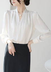 White Button Original Design Silk Fall Shirt V Neck