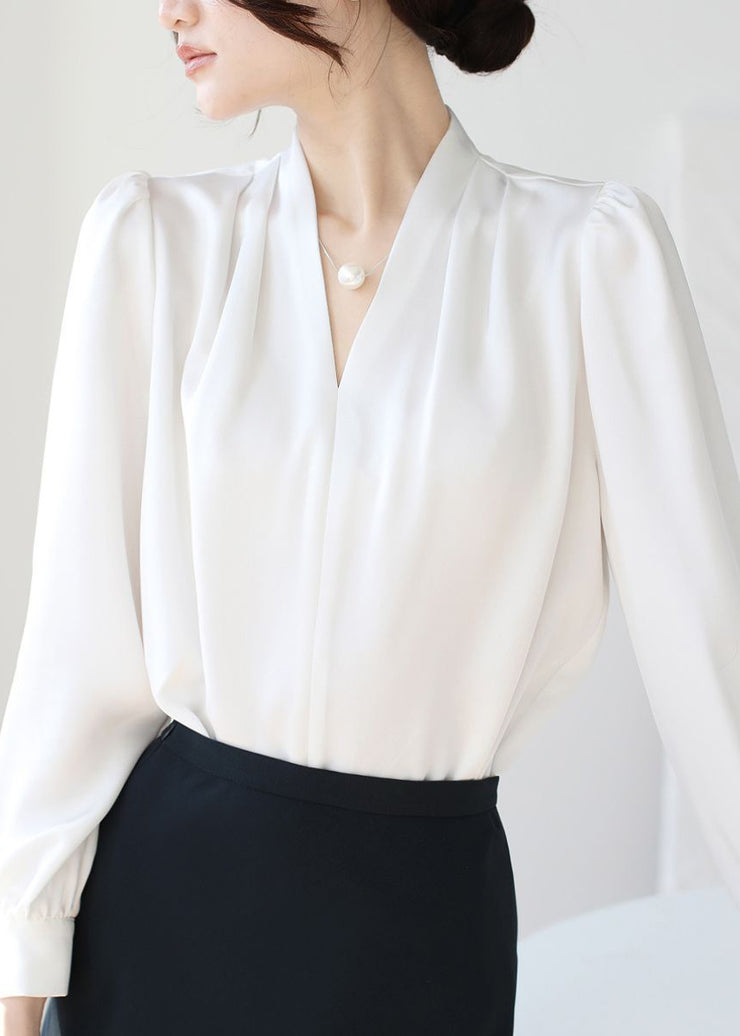 White Button Original Design Silk Fall Shirt V Neck
