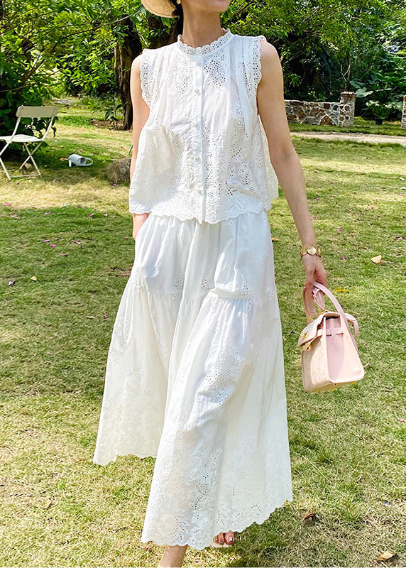 White Button Pockets Cotton Two Piece Set Hollow Out Sleeveless