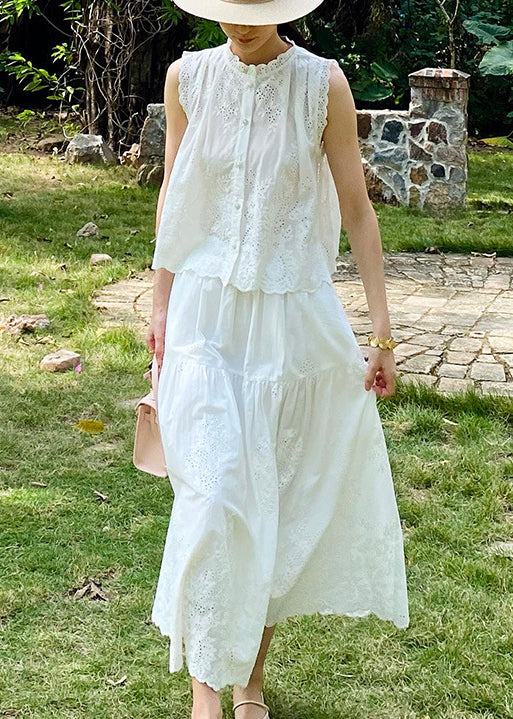 White Button Pockets Cotton Two Piece Set Hollow Out Sleeveless