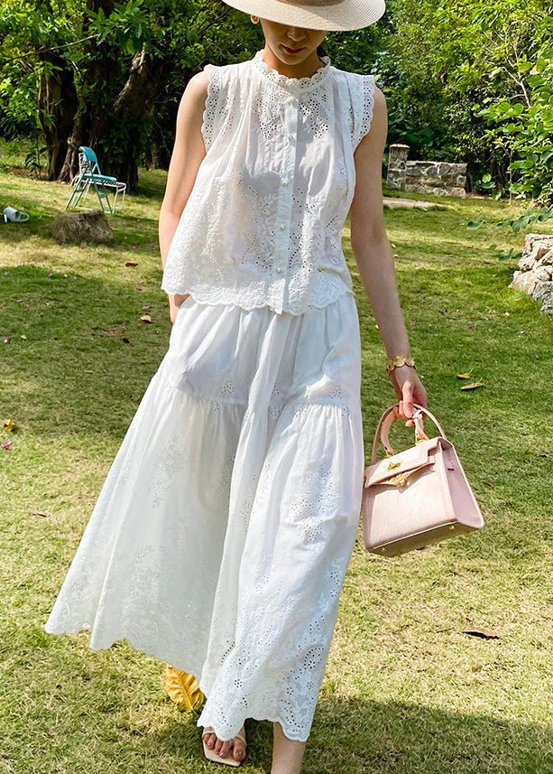 White Button Pockets Cotton Two Piece Set Hollow Out Sleeveless