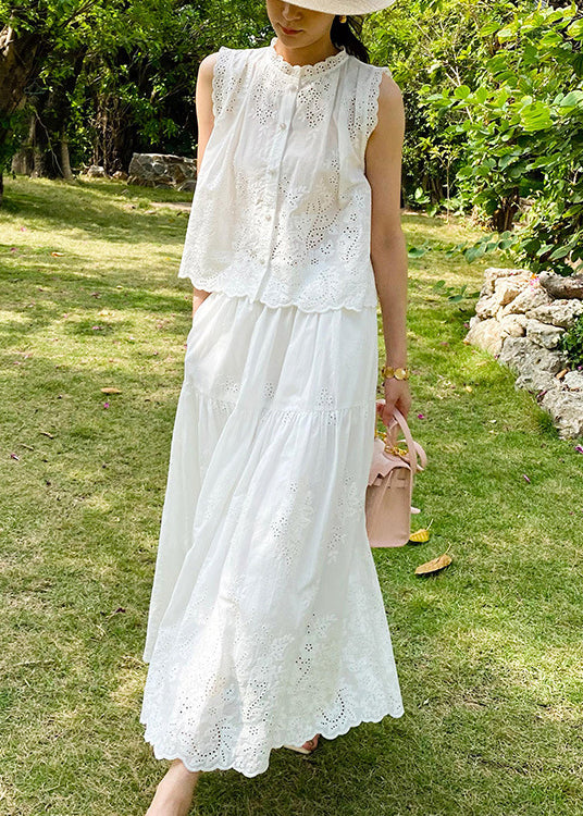 White Button Pockets Cotton Two Piece Set Hollow Out Sleeveless
