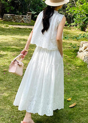 White Button Pockets Cotton Two Piece Set Hollow Out Sleeveless