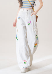 White Button Pockets High Waist Denim Pants Floral