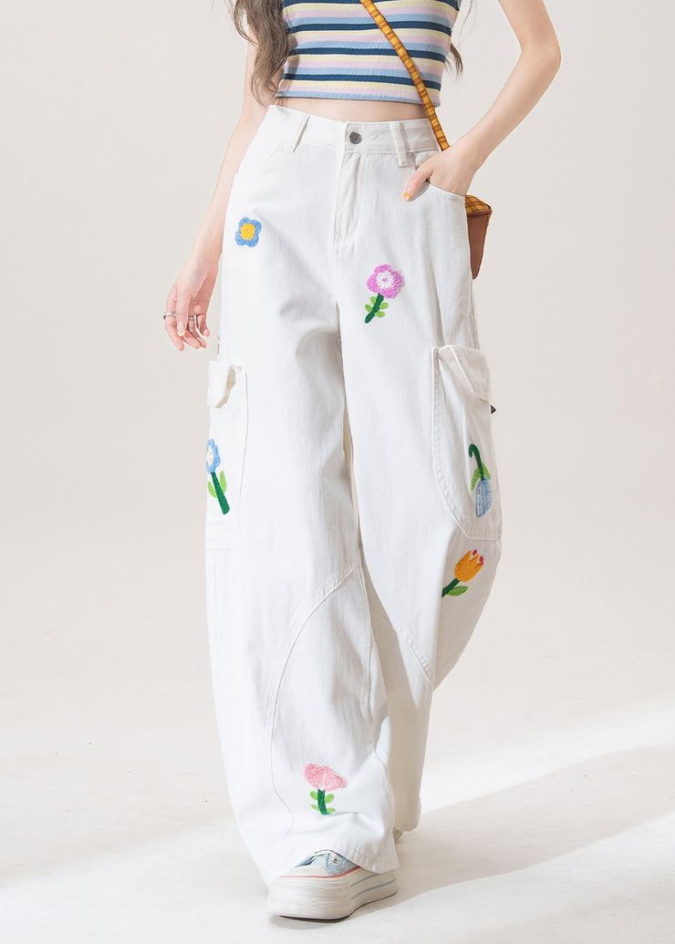 White Button Pockets High Waist Denim Pants Floral