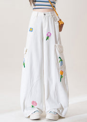 White Button Pockets High Waist Denim Pants Floral