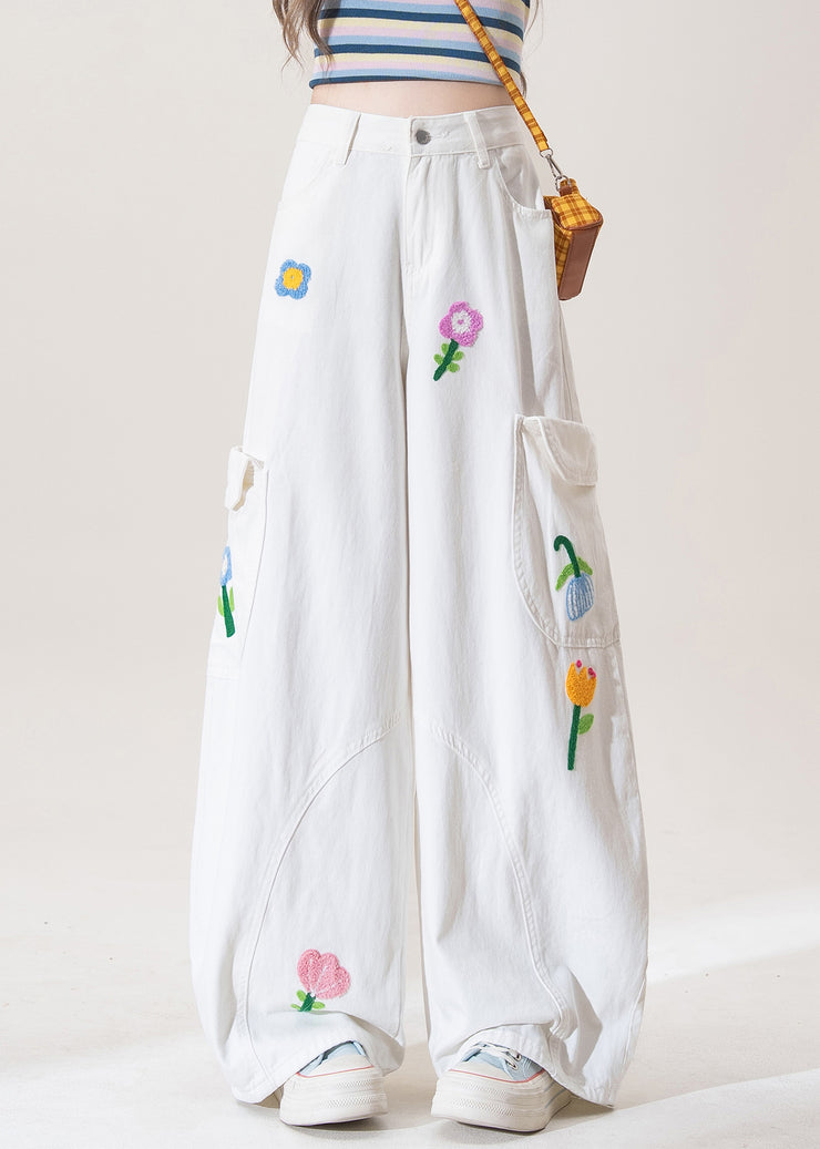 White Button Pockets High Waist Denim Pants Floral