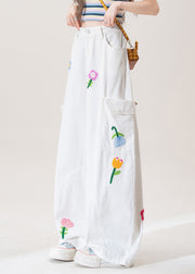 White Button Pockets High Waist Denim Pants Floral