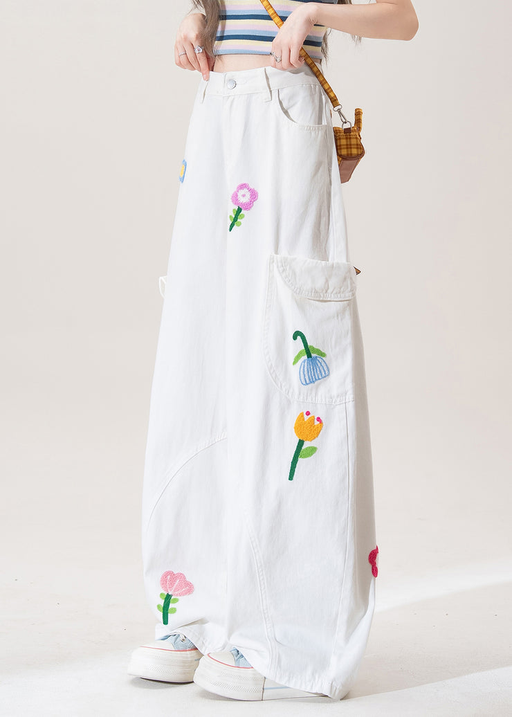 White Button Pockets High Waist Denim Pants Floral