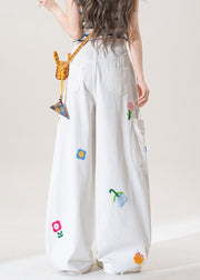 White Button Pockets High Waist Denim Pants Floral