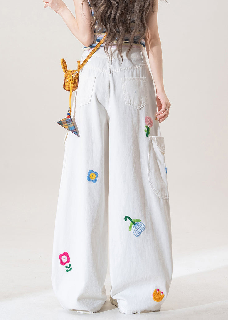 White Button Pockets High Waist Denim Pants Floral