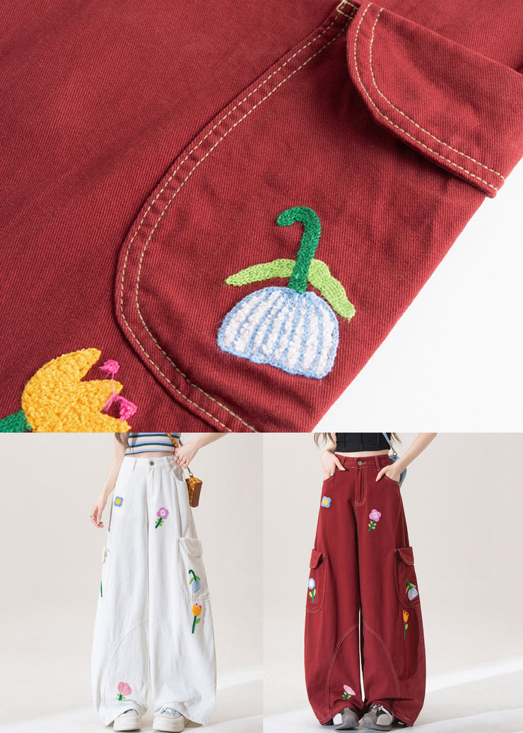 White Button Pockets High Waist Denim Pants Floral