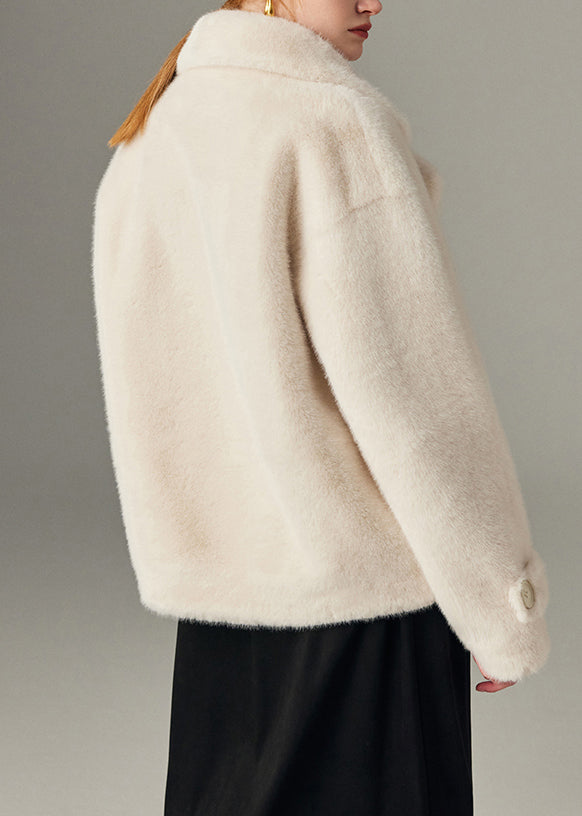 White Button Pockets Mink Hair Winter Coats Notched