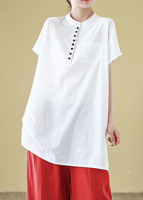White Button Solid Cotton Summer T Shirt O Neck