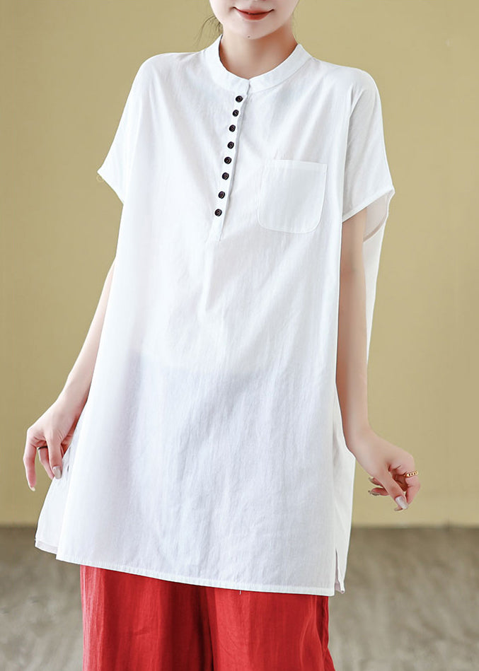 White Button Solid Cotton Summer T Shirt O Neck