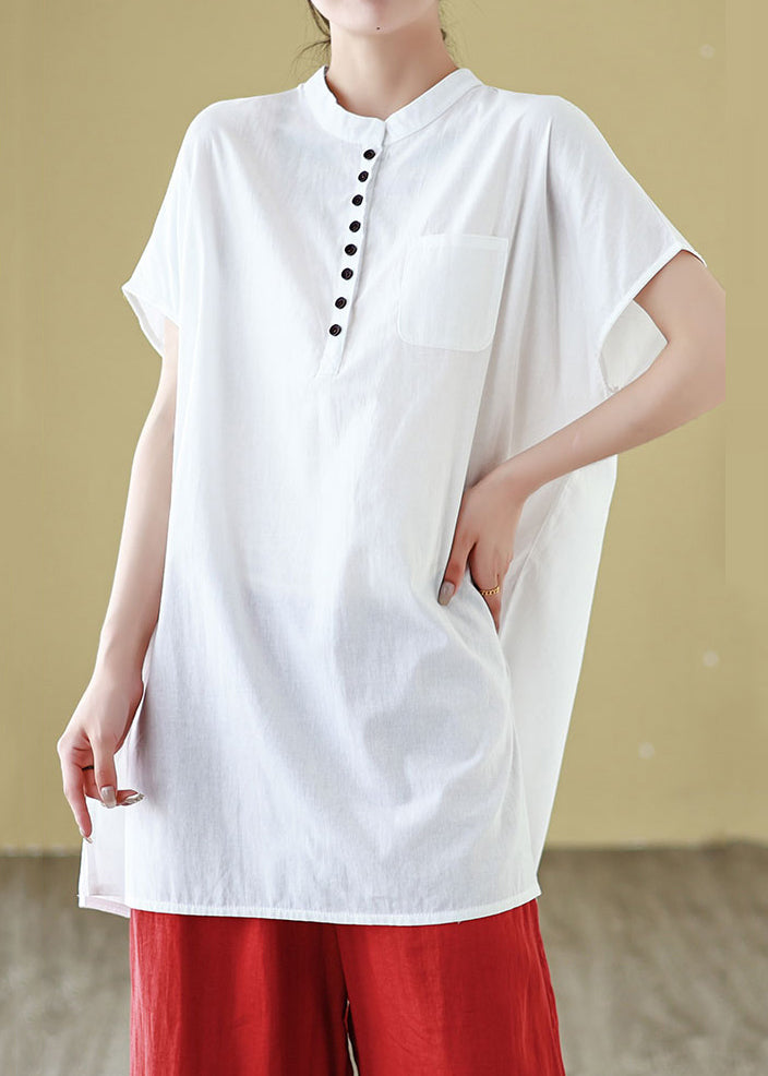 White Button Solid Cotton Summer T Shirt O Neck