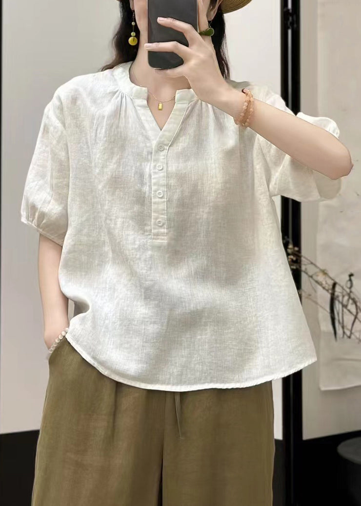 White Button Solid Linen Summer Shirts V Neck
