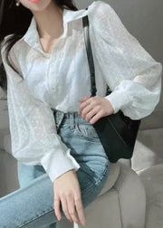 White Button Thin Cotton Shirt Peter Pan Collar Puff Sleeve