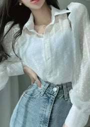 White Button Thin Cotton Shirt Peter Pan Collar Puff Sleeve