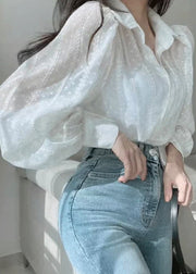 White Button Thin Cotton Shirt Peter Pan Collar Puff Sleeve