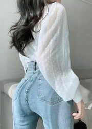 White Button Thin Cotton Shirt Peter Pan Collar Puff Sleeve