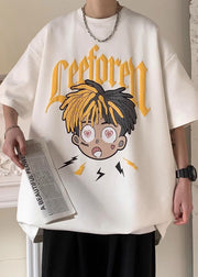White Cartoon Print Cotton Loose T Shirt Men O-Neck Summer