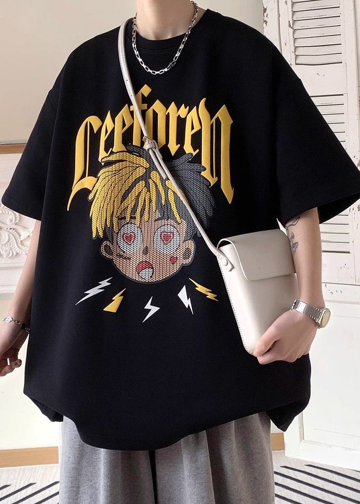 White Cartoon Print Cotton Loose T Shirt Men O-Neck Summer