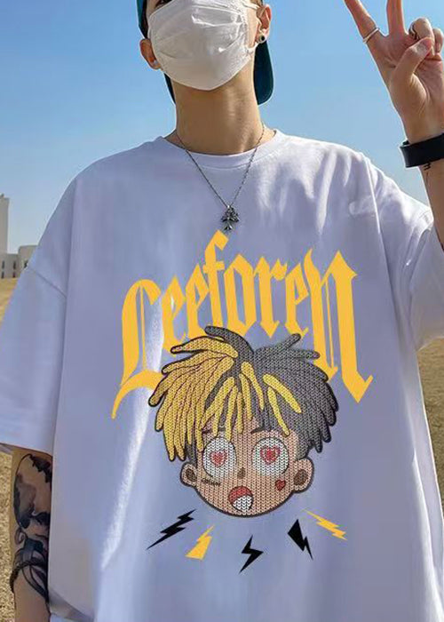 White Cartoon Print Cotton Loose T Shirt Men O-Neck Summer