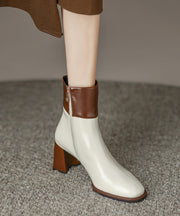 White Chunky Cowhide Leather Classy Splicing Boots