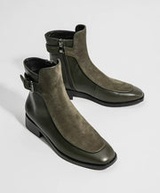 White Chunky Cowhide Leather Zippered Splicing Boots