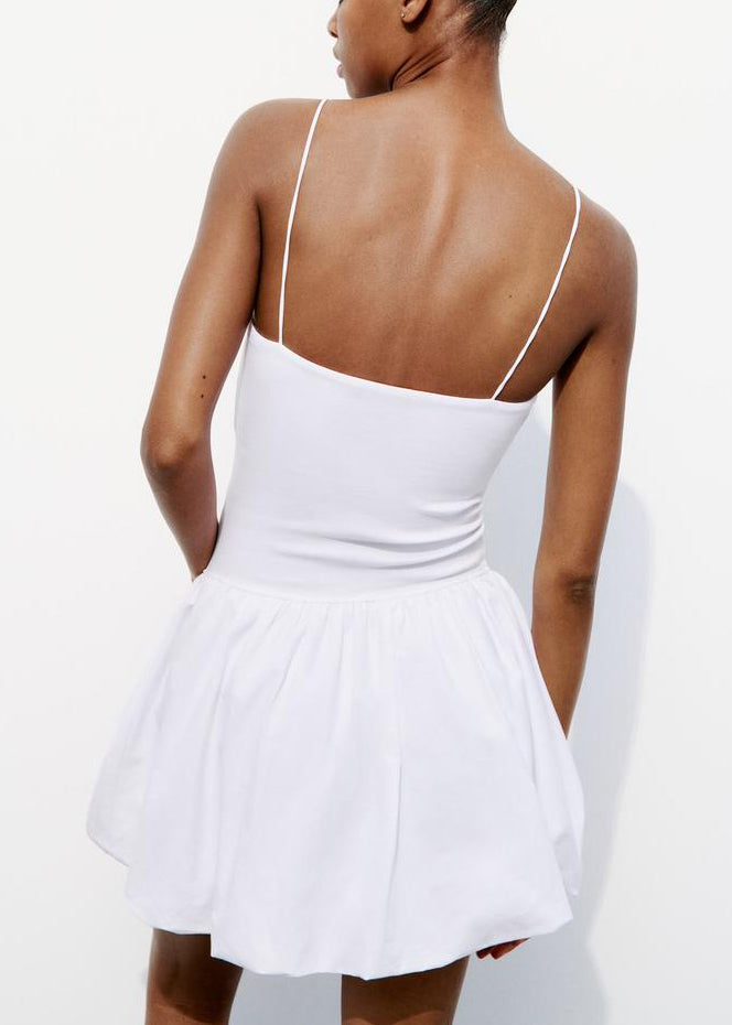 White Cold Shoulder Solid Cotton Sleeveless Mini Dress Backless