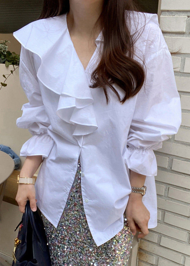 White Cotton Blouse Tops Asymmetrical Ruffles Fall